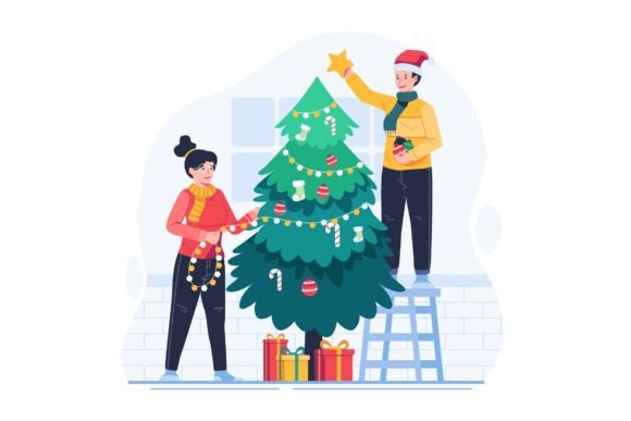 A Couple Decorating a Christmas Tree Graphics and Illustrations