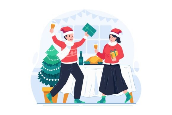 A Happy Couple Celebrating Christmas Graphics and Illustrations