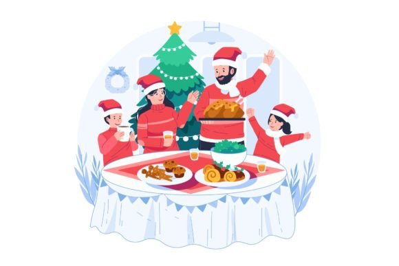 Family Having Christmas Dinner Together Graphics and Illustrations