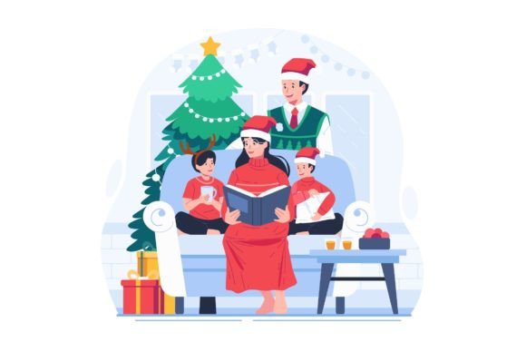 Family Reading a Book on Christmas Graphics and Illustrations