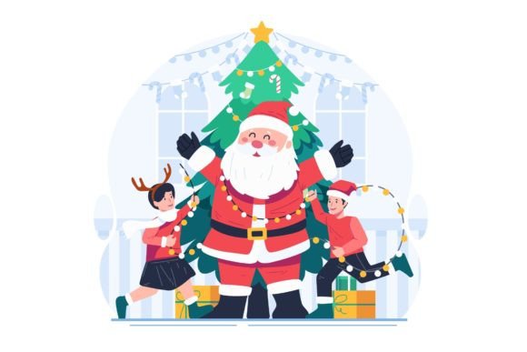 Santa and Children Celebrate Christmas Graphics and Illustrations