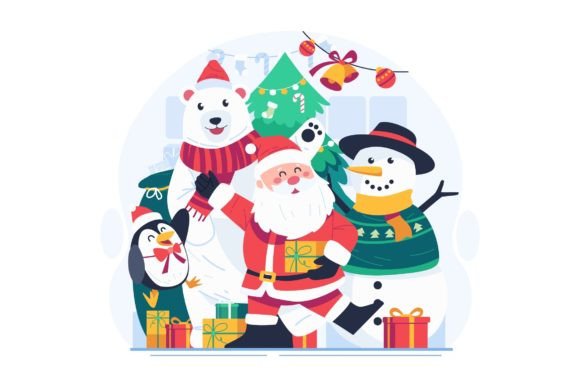 Santa and Friends Celebrating Christmas Graphics and Illustrations