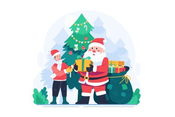 Santa Claus Giving a Gift Box to a Boy Graphics and Illustrations Review
