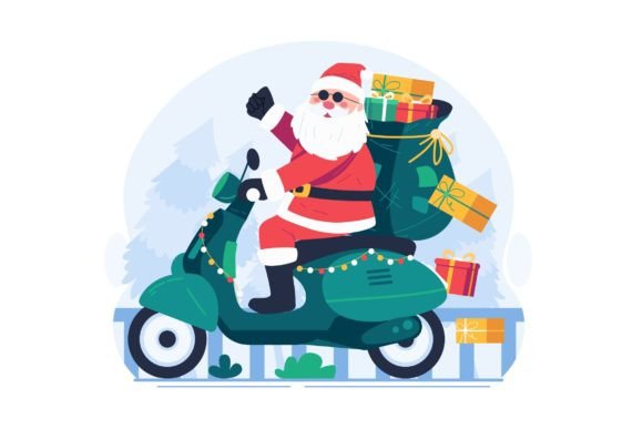 Santa Claus Riding a Scooter with Gifts Graphics and Illustrations