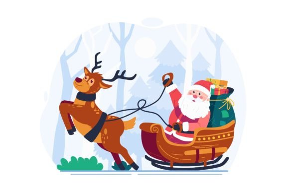 Santa Claus Riding a Sleigh with a Deer Graphics and Illustrations