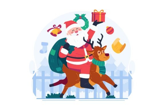Santa Claus Riding on a Reindeer Graphics and Illustrations